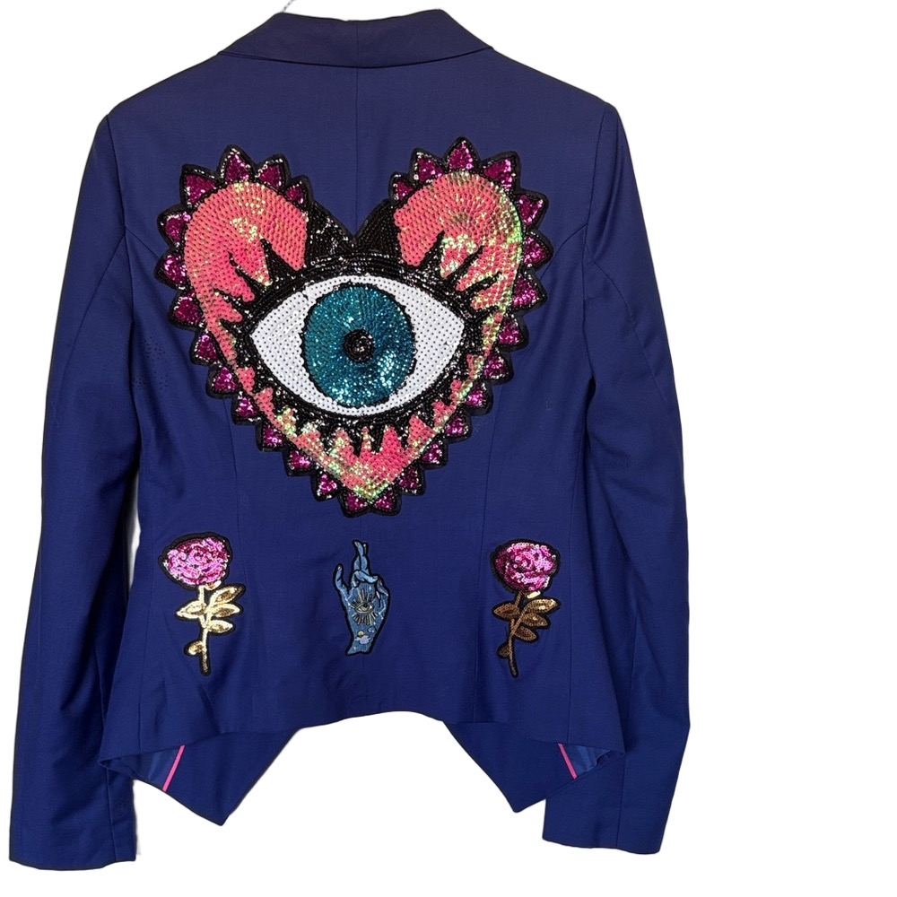 Embellished Royal Blue Blazer Evil Eye Heart Sequin Jacket Small